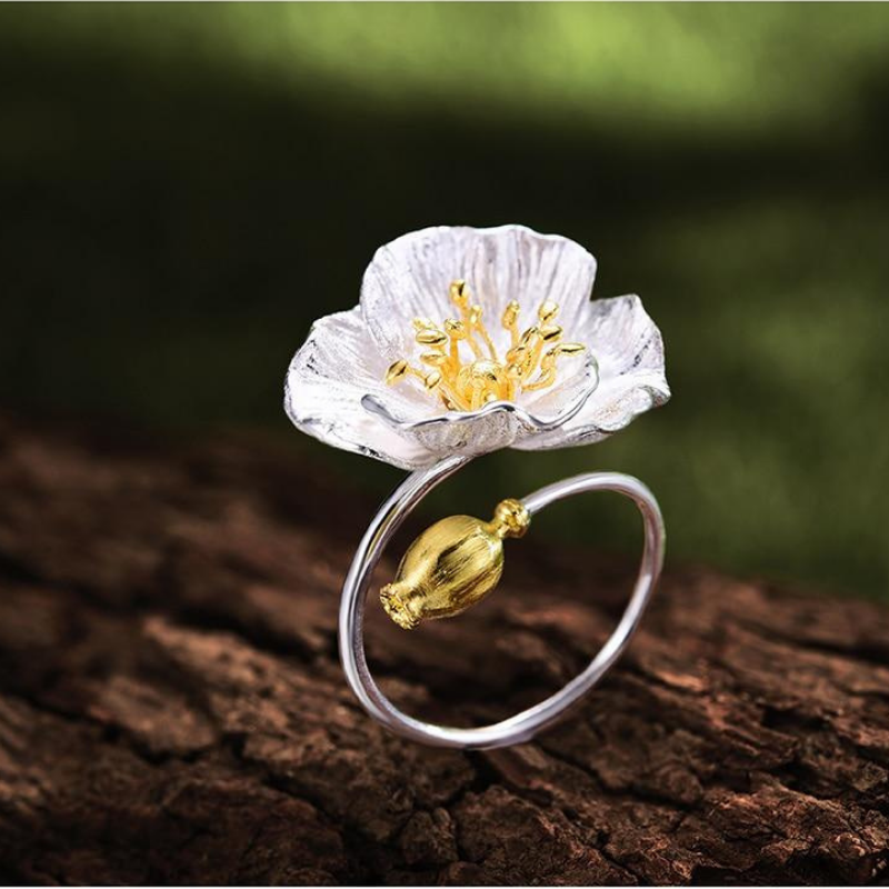 Silver Adjustable Ring Handmade Blooming Poppies Flower.