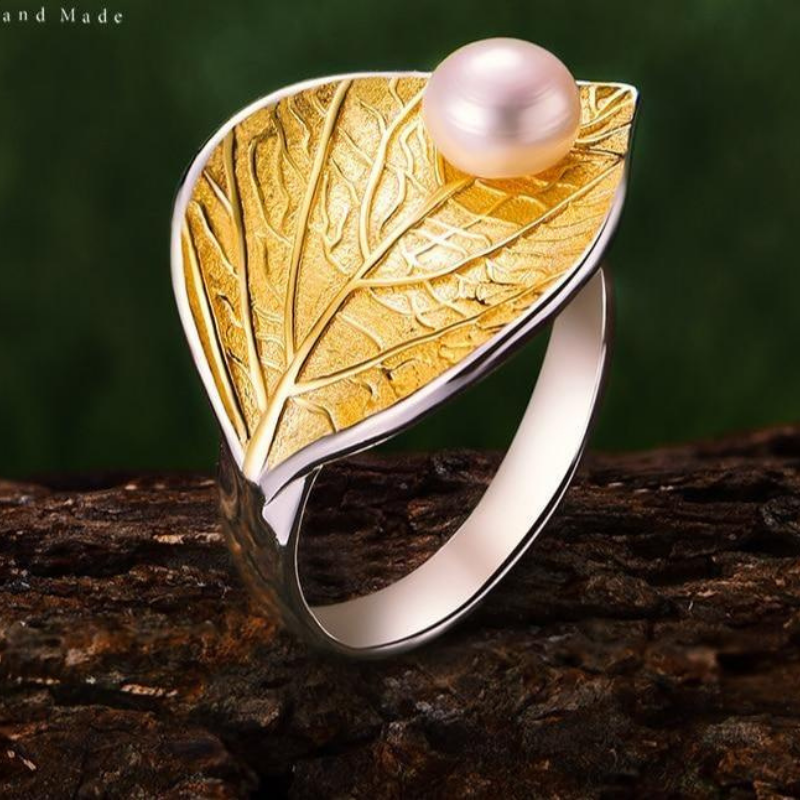 Silver Natural Pearl 18K Gold Leaf Ring.