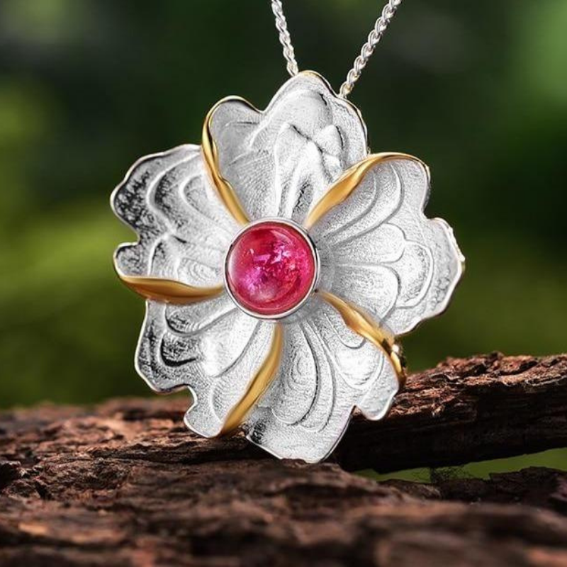 Rosa-Silver Natural Tourmaline Handmade Peony Flower Pendant without Necklace.