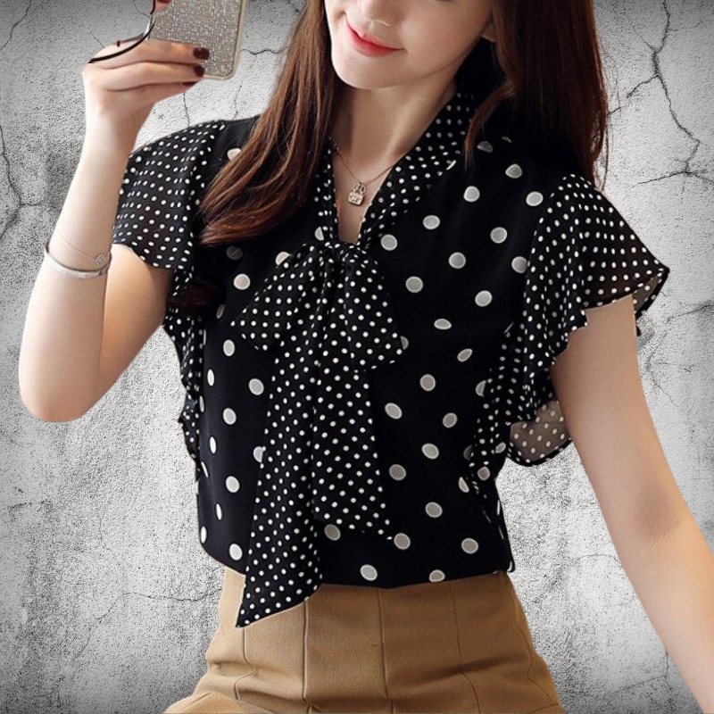 RUFFLED POLKA DOT BLOUSE - Black / White