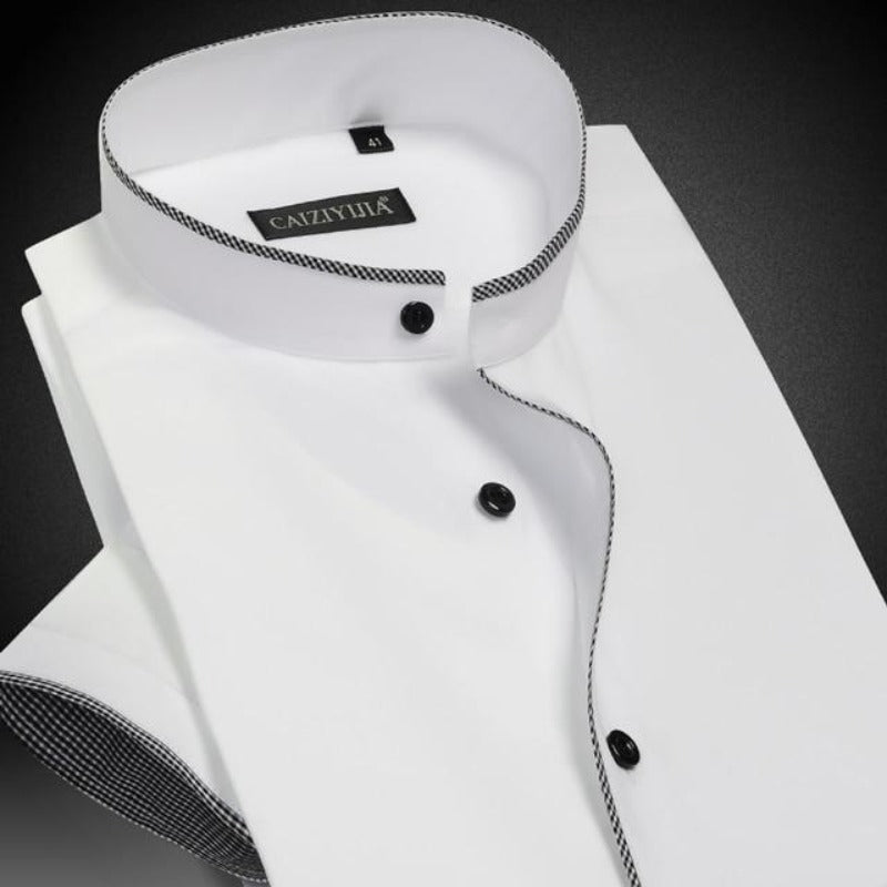 Band collar short-sleeved shirt