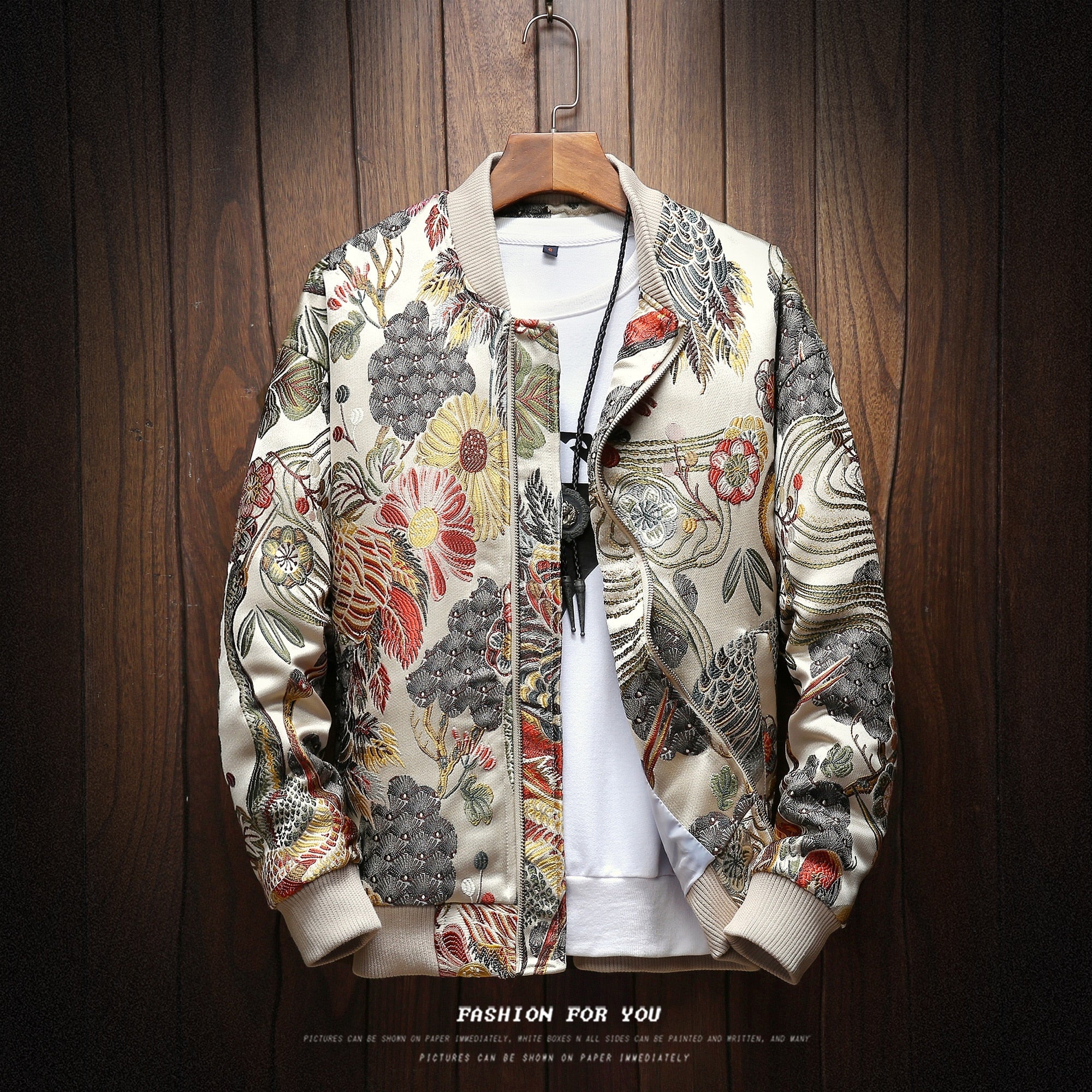 floral-print jacket.